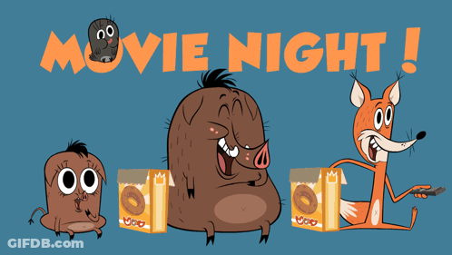 A Movie Night Poster With Cartoon Characters And A Box Of Donuts GIF