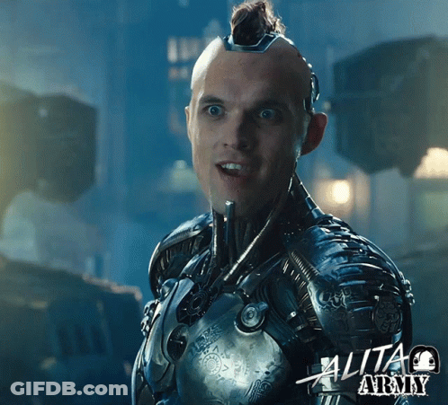 A Movie Poster For Alita Army Shows A Man With A Mohawk On His Head GIF