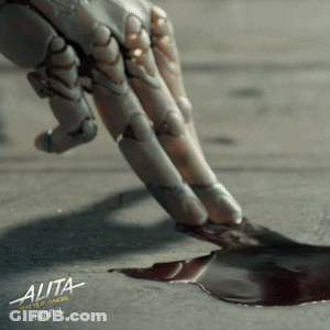 A Movie Poster For Alita Battle Angel Shows A Robotic Hand Reaching For A Puddle Of Blood GIF