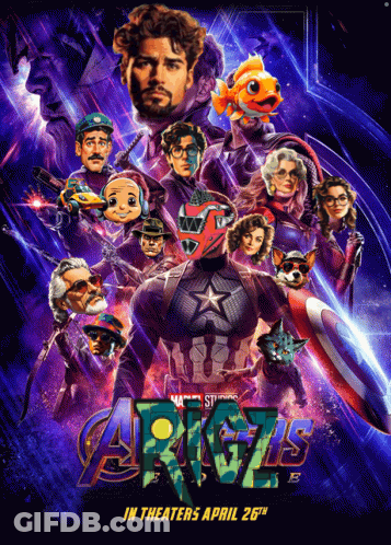 A Movie Poster For Avengers Endgame Shows Captain America Surrounded By A Group Of People GIF