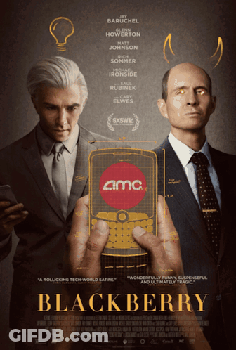 A Movie Poster For Blackberry Shows Two Men Holding A Cell Phone GIF