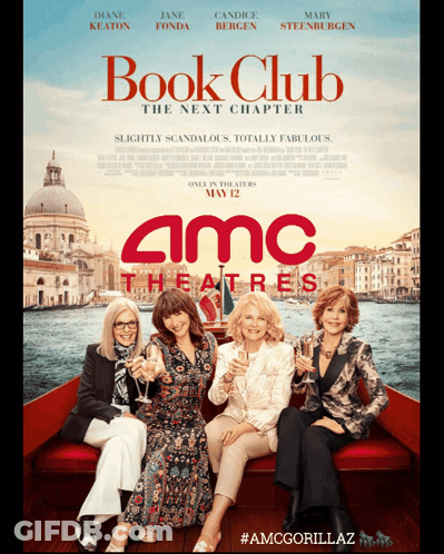 A Movie Poster For Book Club The Next Chapter Shows Four Women On A Boat GIF