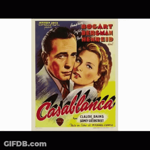 A Movie Poster For Casablanca Features A Man And Woman GIF