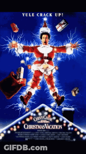 A Movie Poster For Chevy Chase 'S Christmas Vacation Shows A Man In A Santa Suit Surrounded By Christmas Lights GIF