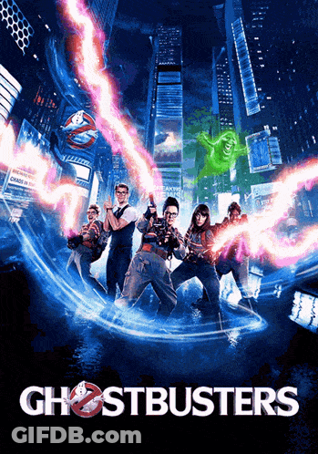 A Movie Poster For Ghostbusters Shows A Group Of People GIF