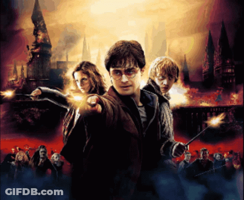 A Movie Poster For Harry Potter And The Deathly Hallows With A Castle In The Background GIF