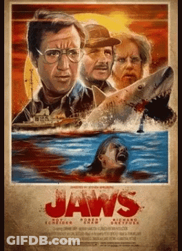 A Movie Poster For Jaws Shows A Shark Attacking A Woman GIF