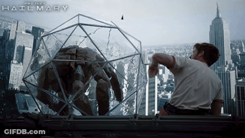 A Movie Poster For Project Hailmary Shows A Man Looking At A Monster In A Cage GIF