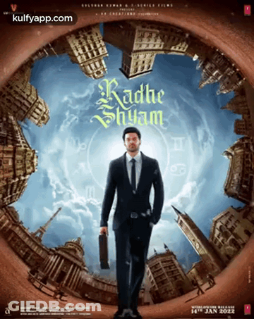 A Movie Poster For Radhe Shyam Shows A Man In A Suit And Tie Holding A Briefcase GIF