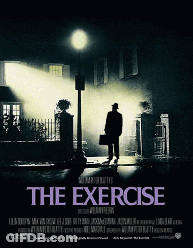 A Movie Poster For The Exercise Shows A Man With A Briefcase Standing In Front Of A House GIF