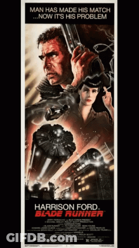 A Movie Poster For The Movie Blade Runner With Harrison Ford GIF