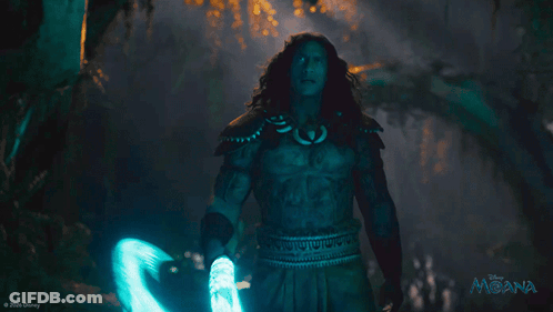 A Movie Poster For The Movie Moana Shows A Man With Long Hair GIF