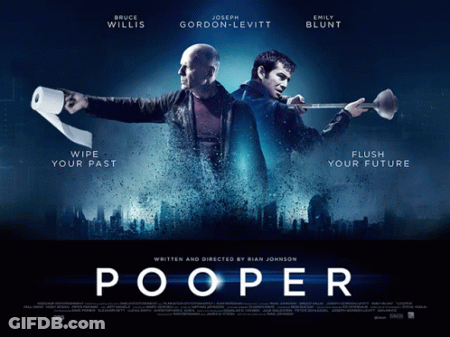 A Movie Poster For The Movie Pooper With Bruce Willis Joseph Gordon Levitt And Emily Blunt GIF