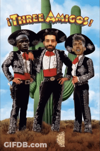 A Movie Poster For Three Amigos Shows Three Men In Mariachi Costumes GIF