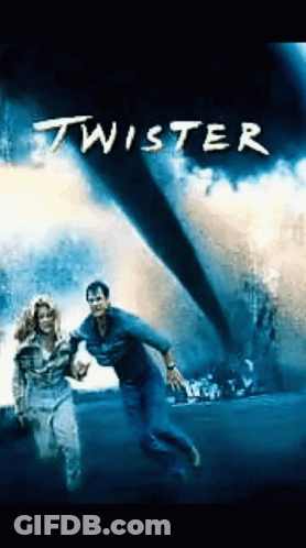 A Movie Poster For Twister Showing A Man And A Woman Running From A Tornado GIF