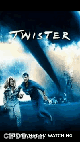 A Movie Poster For Twister With A Man And Woman Running From A Tornado GIF