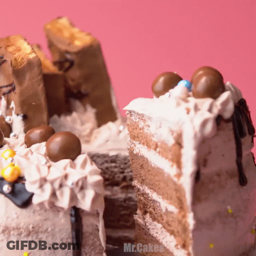 A Mr.cakes Cake With A Slice Taken Out GIF