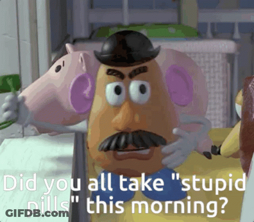 A Mr Potato Head From Toy Story Says " Did You All Take Stupid Pills " GIF