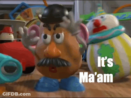 A Mr Potato Head Says It 'S Ma 'Am In Front Of A Snowman GIF