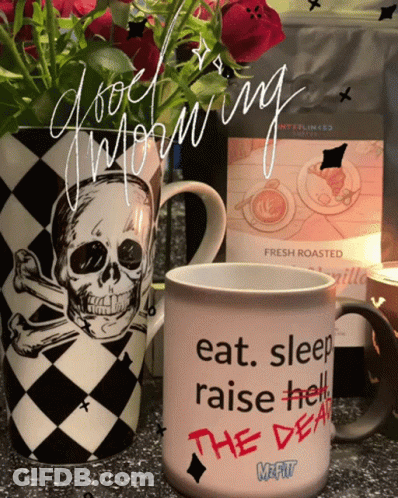 A Mug That Says Eat Sleep Raise Hell The Dead Sits On A Counter GIF