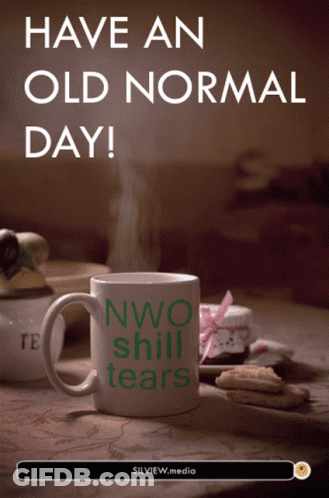 A Mug That Says " Have An Old Normal Day " Sits On A Table GIF