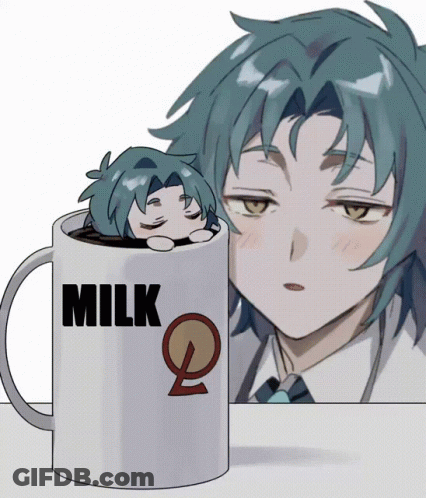 A Mug That Says Milk On It Next To A Man GIF