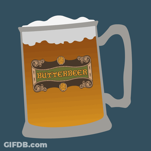 A Mug With A Label That Says " Butterbeer " GIF