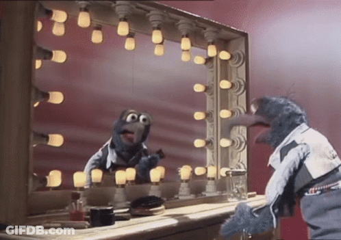 A Muppet Is Looking At Himself In A Mirror With Lights On GIF