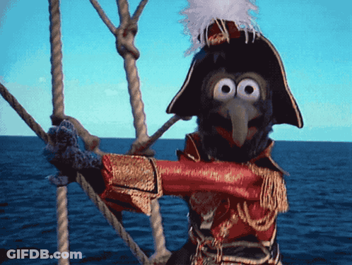 A Muppet Wearing A Pirate Costume Is Standing On A Boat GIF