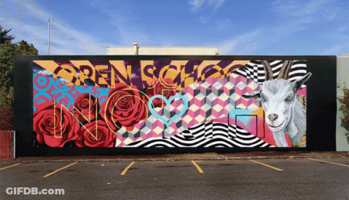A Mural Of A Goat And Roses With The Words Open School On It GIF