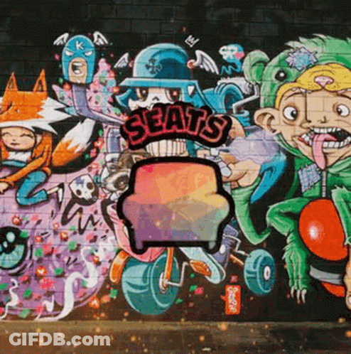 A Mural On A Wall That Says Seats On The Top GIF