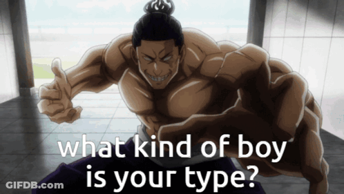 A Muscular Man Giving A Thumbs Up With The Words " What Kind Of Boy Is Your Type " GIF