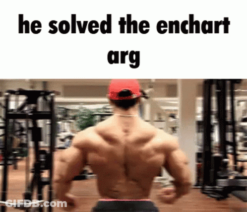 A Muscular Man In A Gym With The Words He Solved The Enchart Arg Above Him GIF