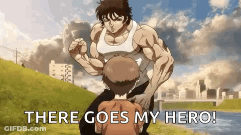 A Muscular Man Is Kneeling Down Next To A Young Boy And Saying `` There Goes My Hero ! '' GIF