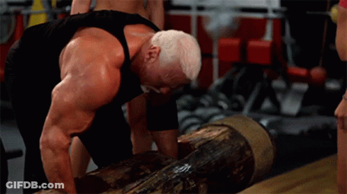 A Muscular Man Is Lifting A Log In A Gym . GIF