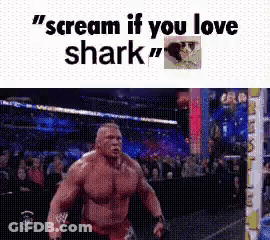 A Muscular Man Is Running In A Wrestling Ring With The Words `` Scream If You Love Shark '' Above Him . GIF