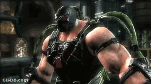 A Muscular Man Wearing A Gas Mask Is Standing In A Room In A Video Game . GIF
