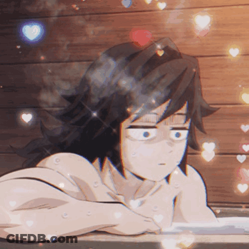 A Naked Anime Character Is Laying In A Bathtub With Hearts Surrounding Him GIF