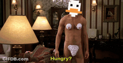 A Naked Man Is Standing In A Living Room With The Word Hungry On The Bottom Right GIF