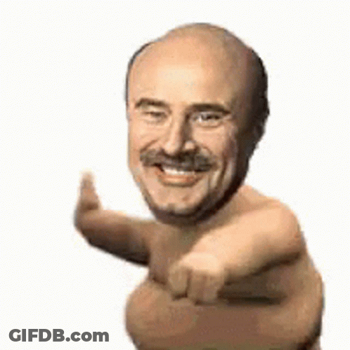 A Naked Man With A Mustache Is Pointing At The Camera While Smiling . GIF