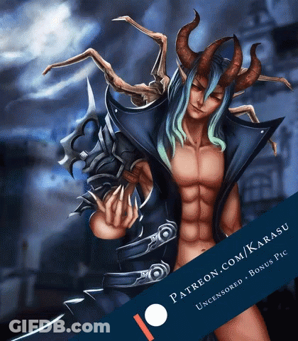 A Naked Man With Horns Is Holding A Sword In Front Of A Banner For Patreon.com/karasu GIF