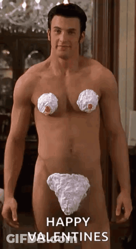 A Naked Man With Whipped Cream On His Breasts And A Happy Valentines Message GIF