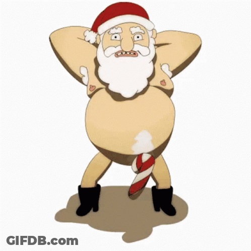 A Naked Santa Claus Is Holding A Candy Cane In His Pants GIF