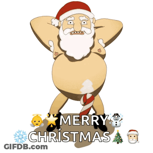 A Naked Santa Claus With A Candy Cane In His Pants And The Words Merry Christmas Below Him GIF