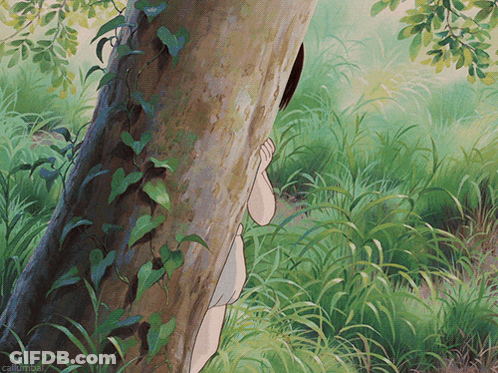 A Naked Woman Is Hiding Behind A Tree In A Painting By Callumbal GIF