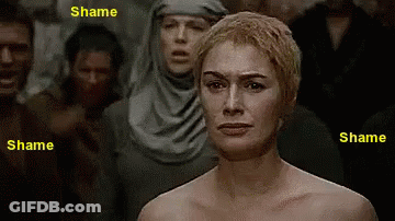 A Naked Woman Stands In Front Of A Group Of People With The Words Shame And Shame Above Her GIF