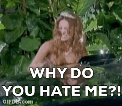 A Naked Woman With A Tiara On Her Head Is Standing In A Pool Of Water And Asking Why Do You Hate Me ? GIF
