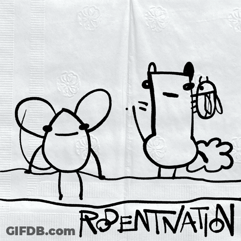 A Napkin With A Drawing Of A Dog And A Fly And The Words Rodentnation On It GIF