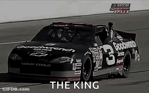 A Nascar Race Car Is Driving Down A Track And Says The King GIF