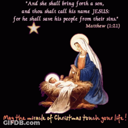 A Nativity Scene With A Bible Verse From Matthew GIF